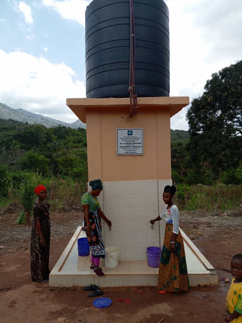 Completed community well with villagers collecting water